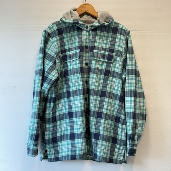 L.L. Bean Fleece-Lined Flannel Hoodie Women's Medium Blue Plaid Cotton Jacket - Picture 2 of 14